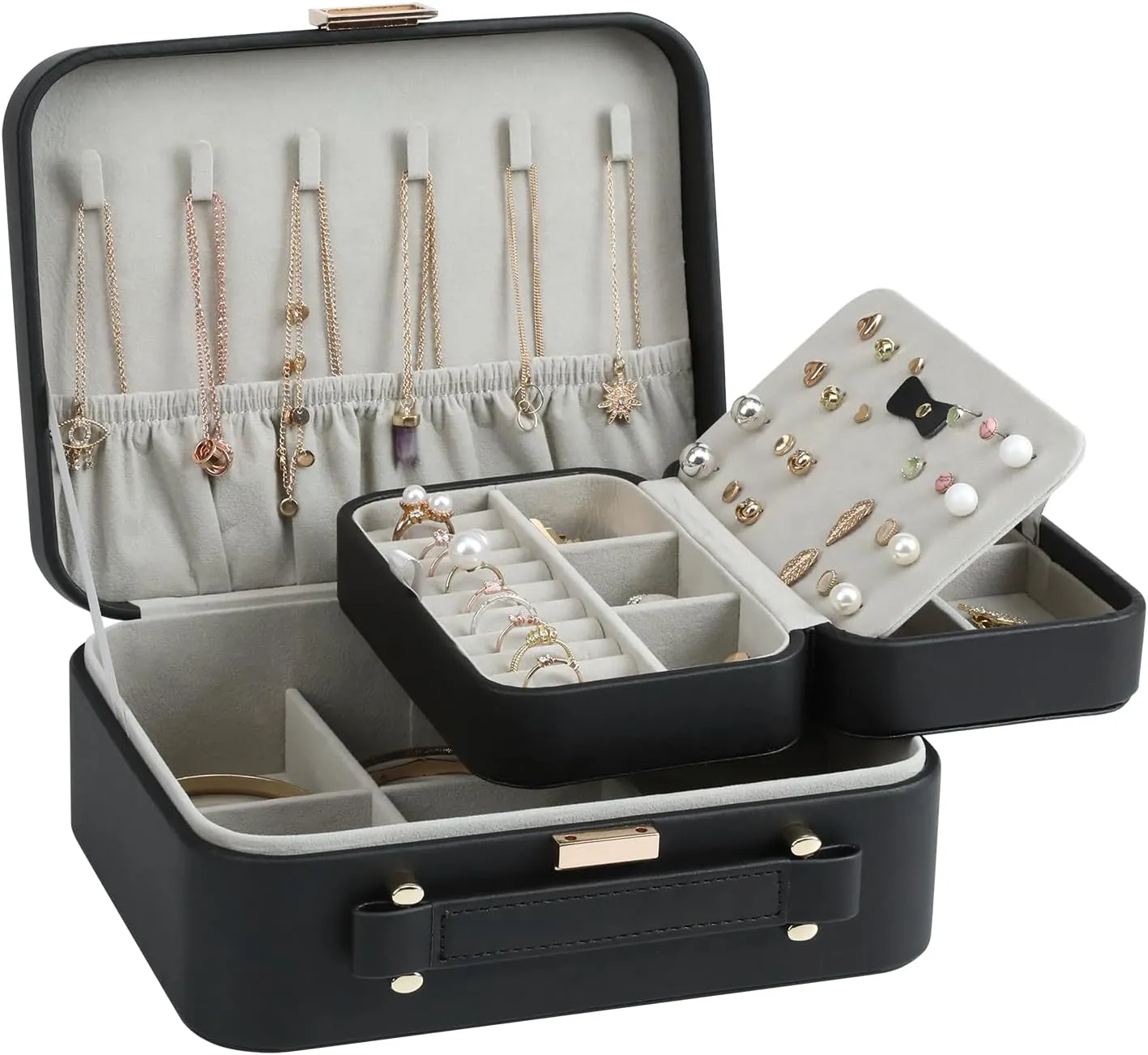 Jewelry Box for Women, Travel Jewelry Organizer Case with Jewelry Tray for Rings Earrings Necklaces Bracelets Watches, Black