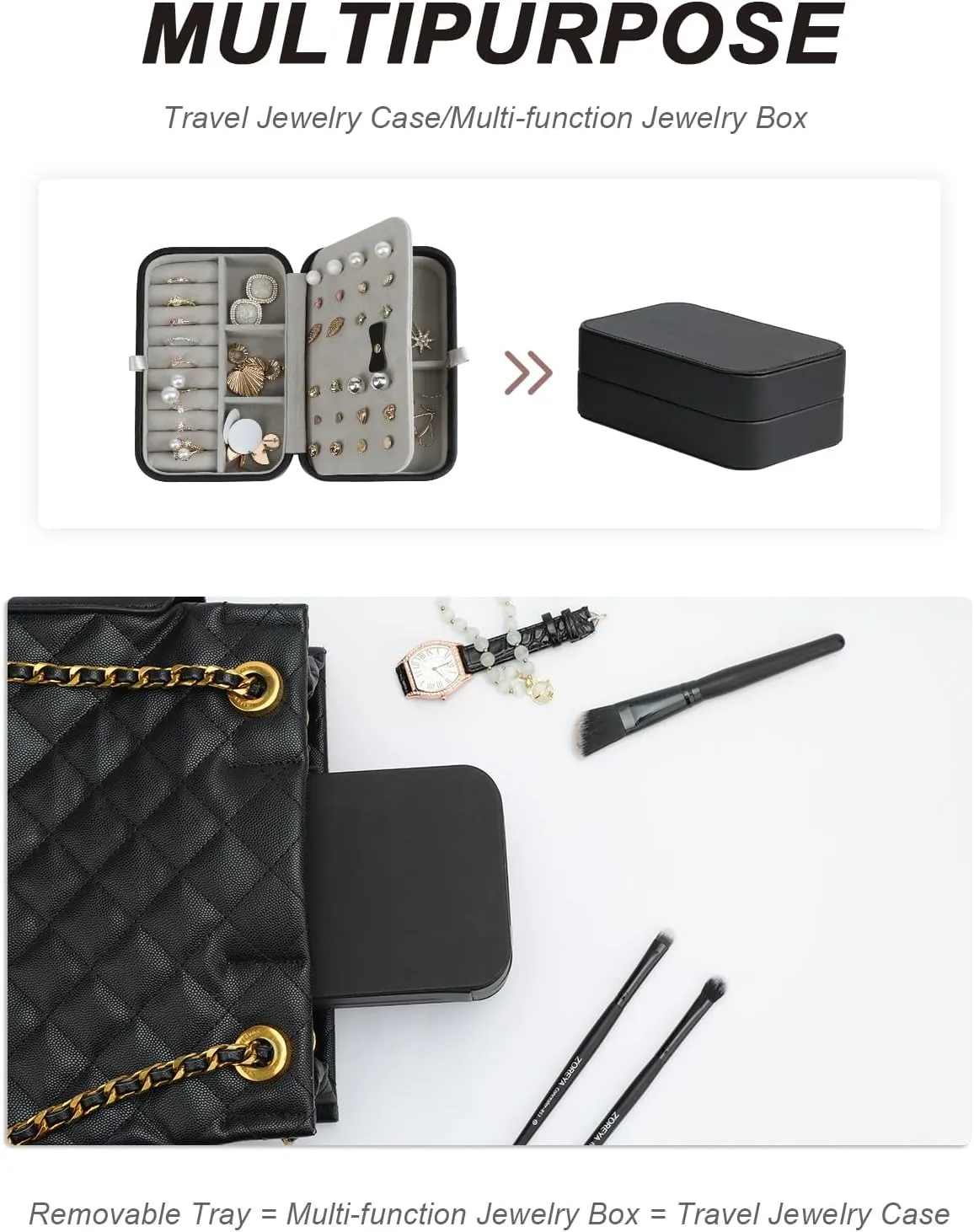 Jewelry Box for Women, Travel Jewelry Organizer Case with Jewelry Tray for Rings Earrings Necklaces Bracelets Watches, Black