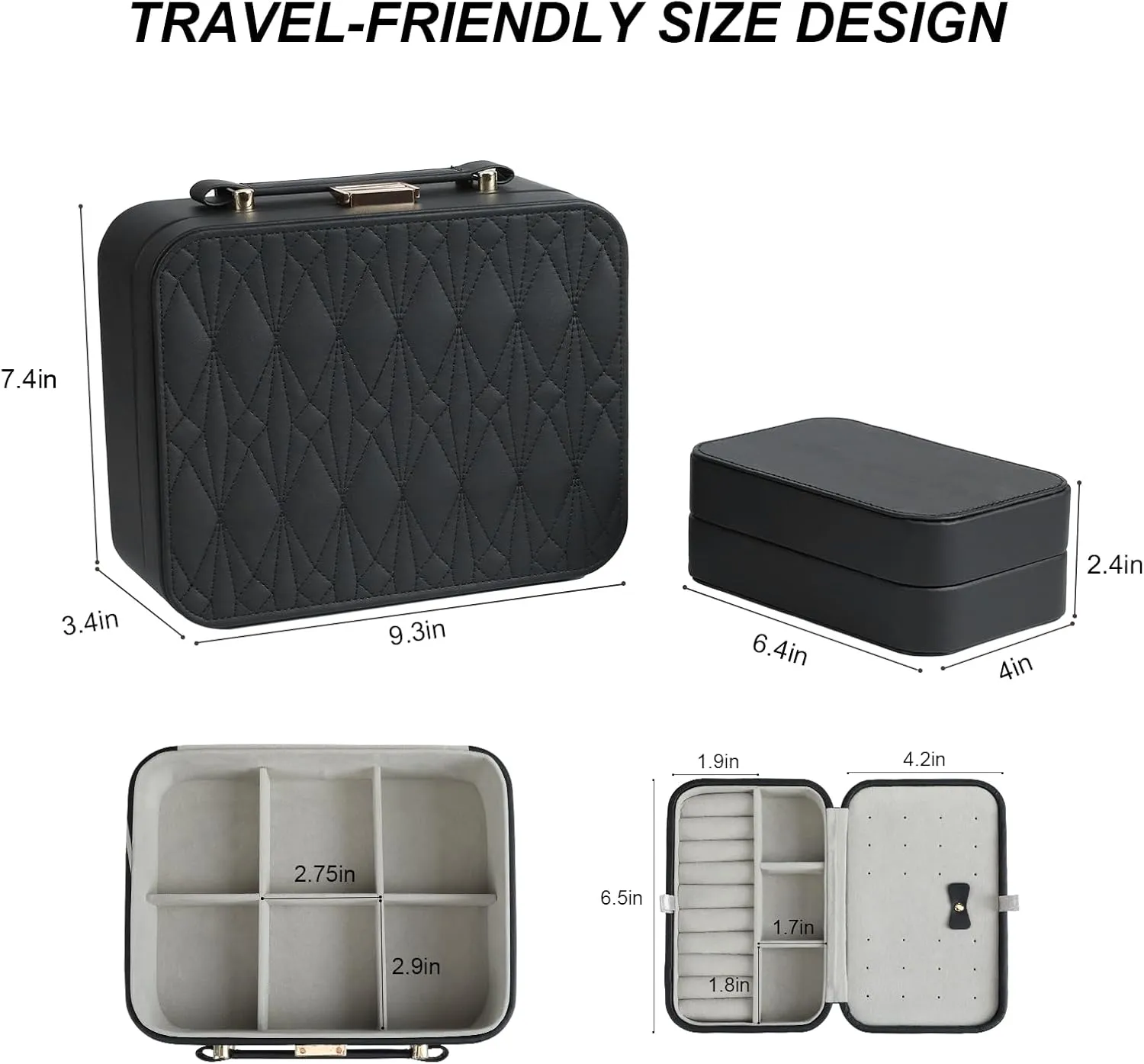 Jewelry Box for Women, Travel Jewelry Organizer Case with Jewelry Tray for Rings Earrings Necklaces Bracelets Watches, Black