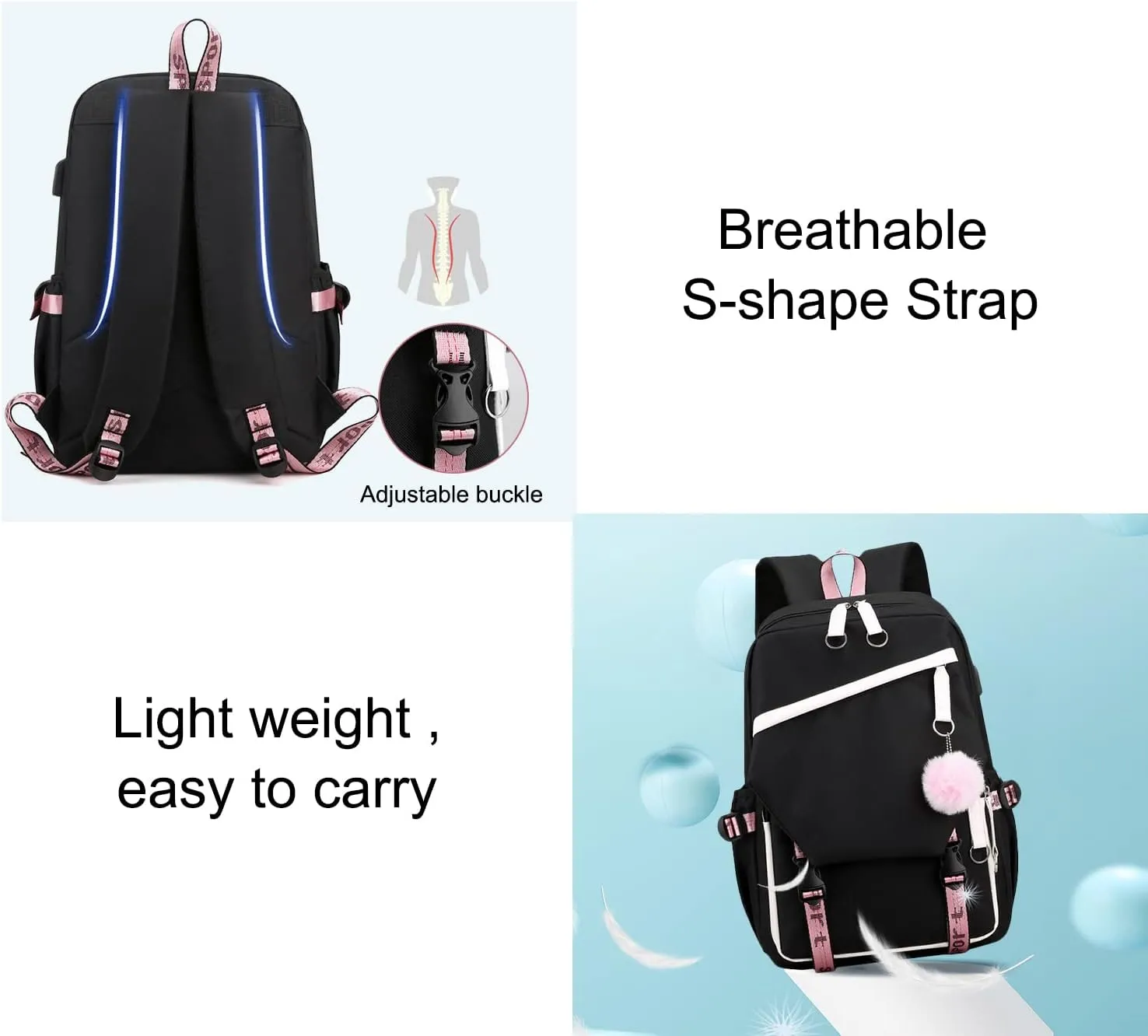 JiaYou Teen Girls Laptop Backpack Junior Middle School Daypack with USB Charge Port(Pink,19 Liters)