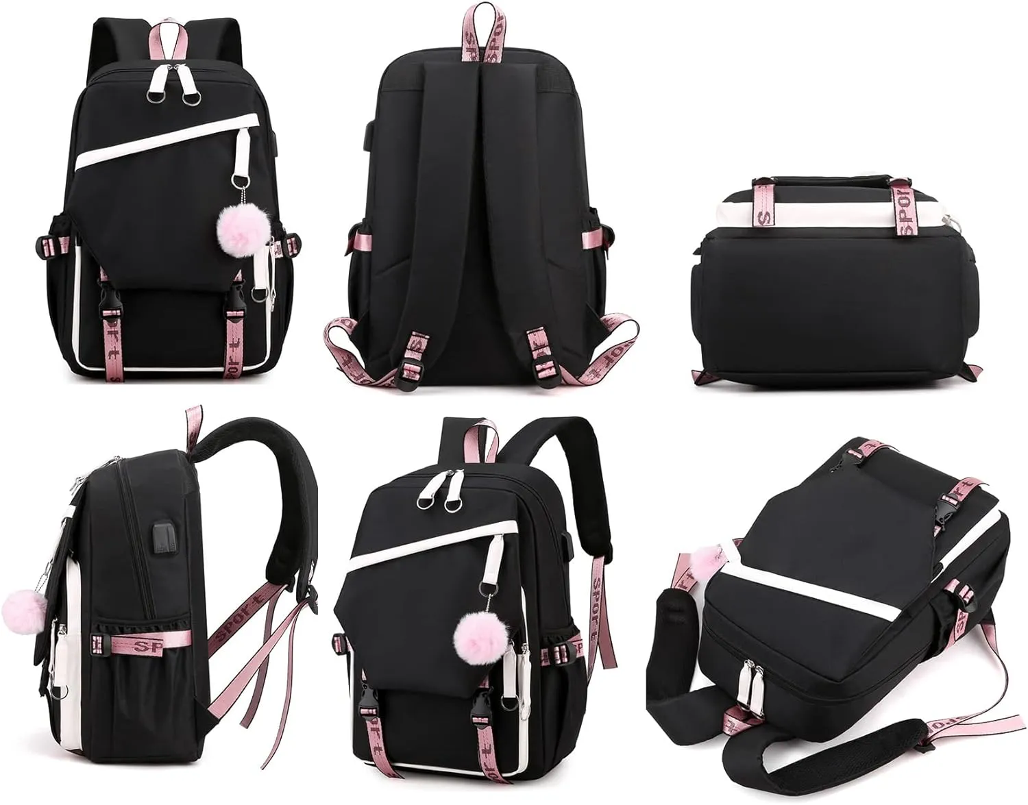 JiaYou Teen Girls Laptop Backpack Junior Middle School Daypack with USB Charge Port(Pink,19 Liters)