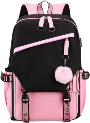 JiaYou Teen Girls Laptop Backpack Junior Middle School Daypack with USB Charge Port(Pink,19 Liters)