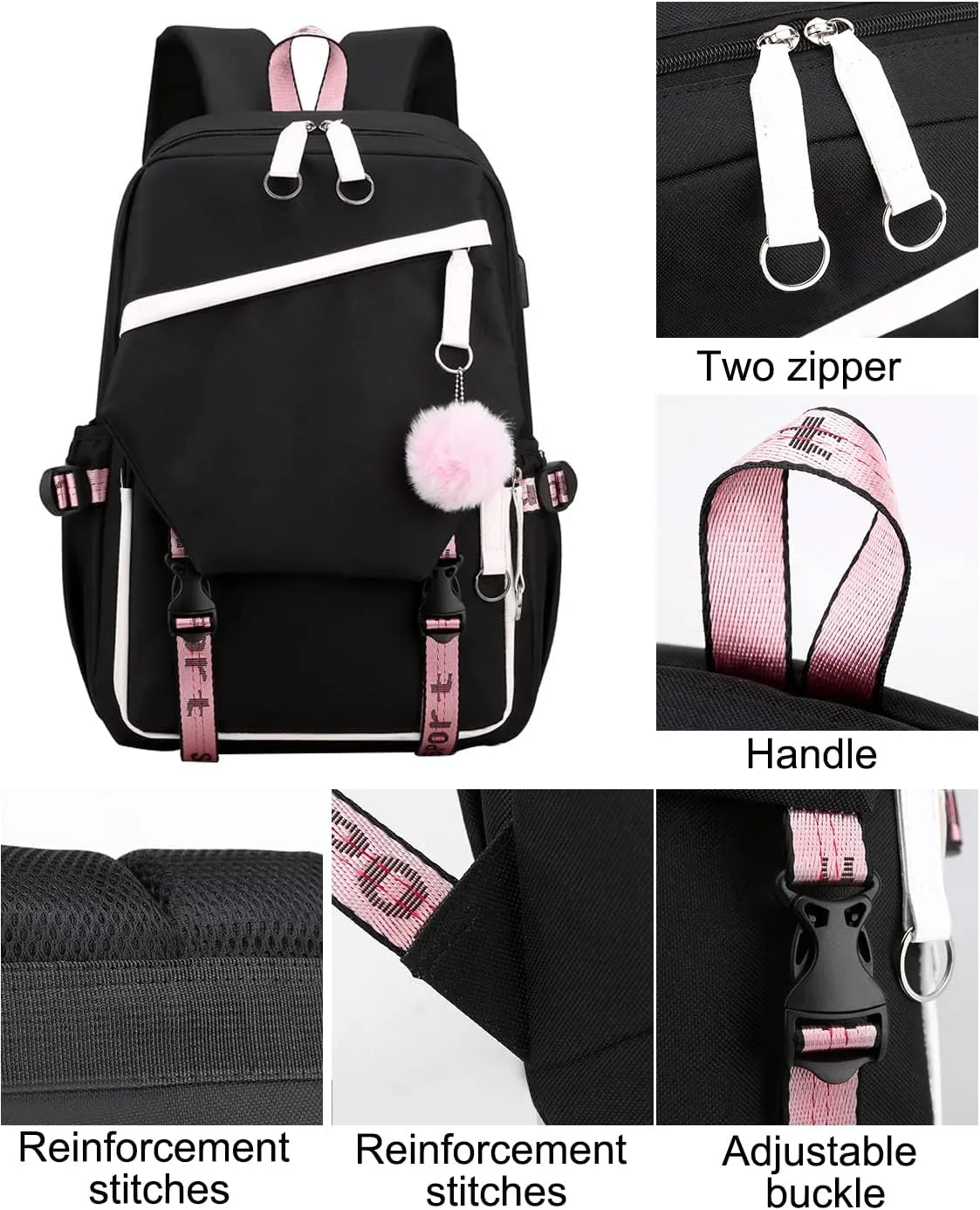 JiaYou Teen Girls Laptop Backpack Junior Middle School Daypack with USB Charge Port(Pink,19 Liters)