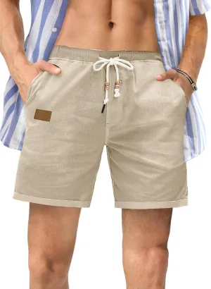 JMIERR Mens Casual 5"/ 7" Cotton Linen Shorts - Elastic Waist Drawstring Summer Beach Shorts with Pockets