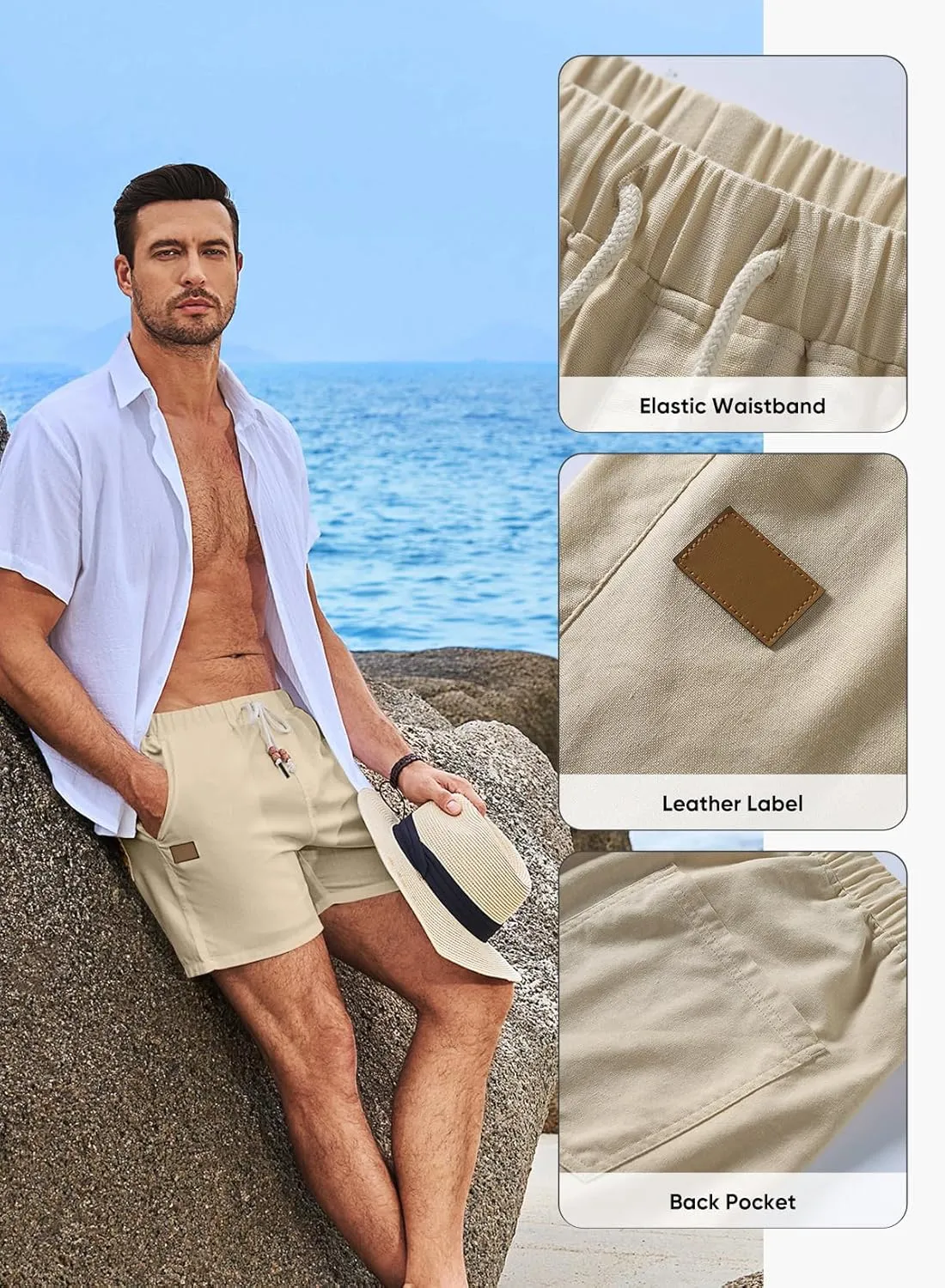 JMIERR Mens Casual 5"/ 7" Cotton Linen Shorts - Elastic Waist Drawstring Summer Beach Shorts with Pockets