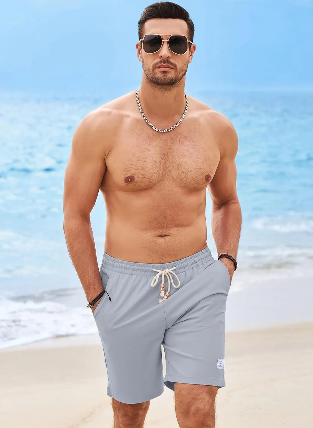 JMIERR Mens Shorts Linen Cotton 7" Casual Elastic Waist Drawstring Lightweight Summer Beach Shorts with Pockets
