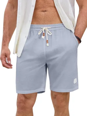 JMIERR Mens Shorts Linen Cotton 7" Casual Elastic Waist Drawstring Lightweight Summer Beach Shorts with Pockets