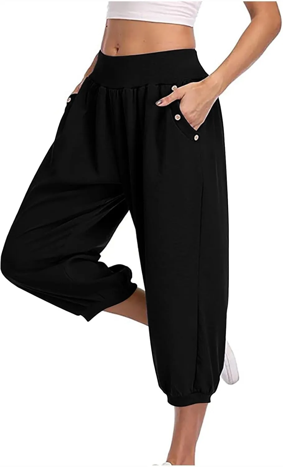 Jogger Capris for Women High Waisted Capri Pants Tummy Control Yoga Capris with Pockets Comfy Cropped Pants Trousers