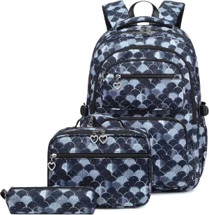 Joyfulife Mermaid Backpack for Girls Backpack with Lunch Box Kids Backpack Elementary Bookbags Primary Middle School Bags for Teens 3 in 1 School Backpack Set