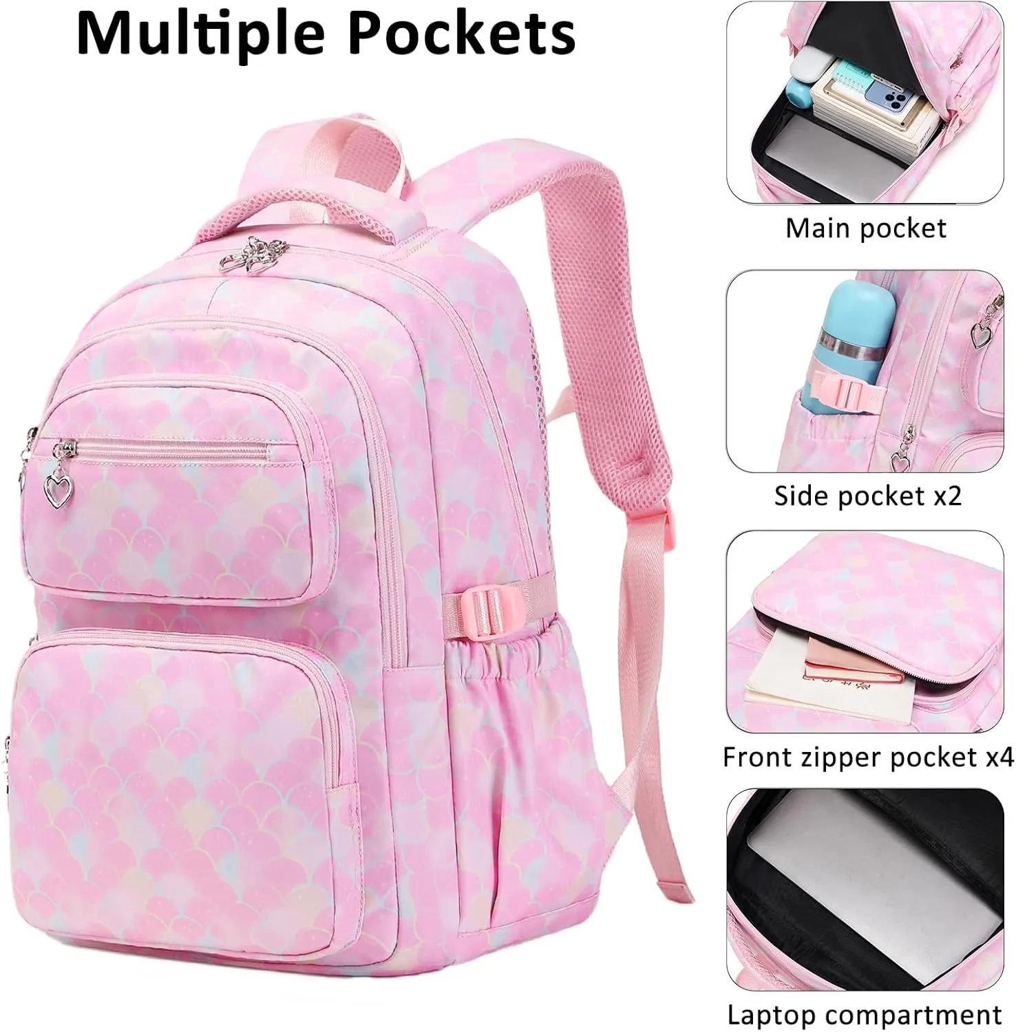 Joyfulife Mermaid Backpack for Girls Backpack with Lunch Box Kids Backpack Elementary Bookbags Primary Middle School Bags for Teens 3 in 1 School Backpack Set