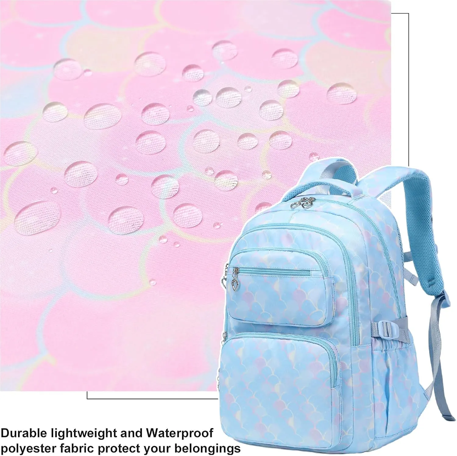 Joyfulife Mermaid Backpack for Girls Backpack with Lunch Box Kids Backpack Elementary Bookbags Primary Middle School Bags for Teens 3 in 1 School Backpack Set