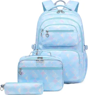 Joyfulife Mermaid Backpack for Girls Backpack with Lunch Box Kids Backpack Elementary Bookbags Primary Middle School Bags for Teens 3 in 1 School Backpack Set