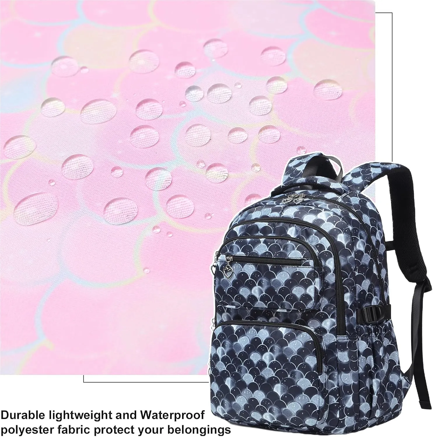 Joyfulife Mermaid Backpack for Girls Backpack with Lunch Box Kids Backpack Elementary Bookbags Primary Middle School Bags for Teens 3 in 1 School Backpack Set
