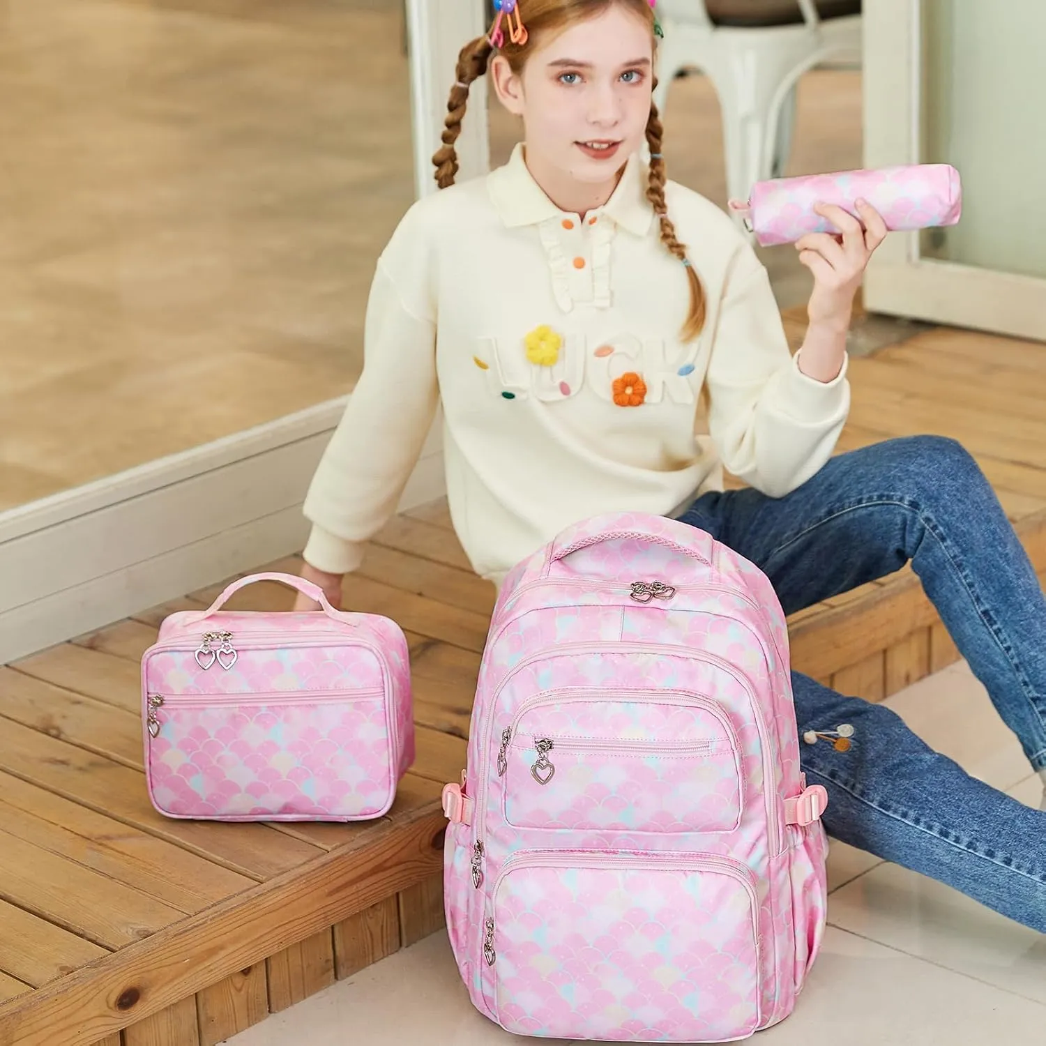 Joyfulife Mermaid Backpack for Girls Backpack with Lunch Box Kids Backpack Elementary Bookbags Primary Middle School Bags for Teens 3 in 1 School Backpack Set
