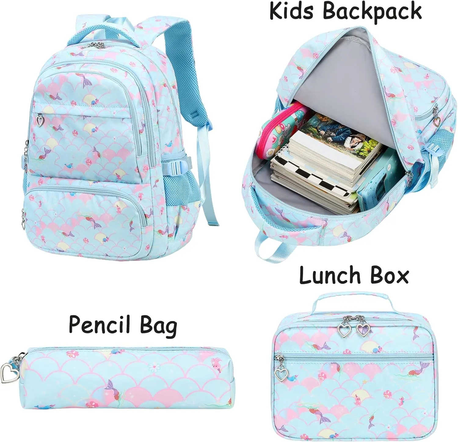 Joyfulife Mermaid Backpack for Girls Kids Backpack for School Lightweight Water Resistant Primary School Bags Elementary Bookbags with Lunch Box Set