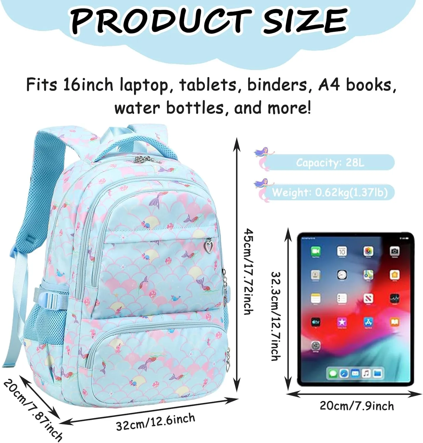 Joyfulife Mermaid Backpack for Girls Kids Backpack for School Lightweight Water Resistant Primary School Bags Elementary Bookbags with Lunch Box Set
