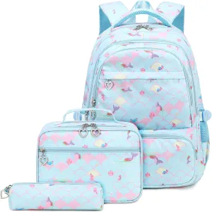 Joyfulife Mermaid Backpack for Girls Kids Backpack for School Lightweight Water Resistant Primary School Bags Elementary Bookbags with Lunch Box Set