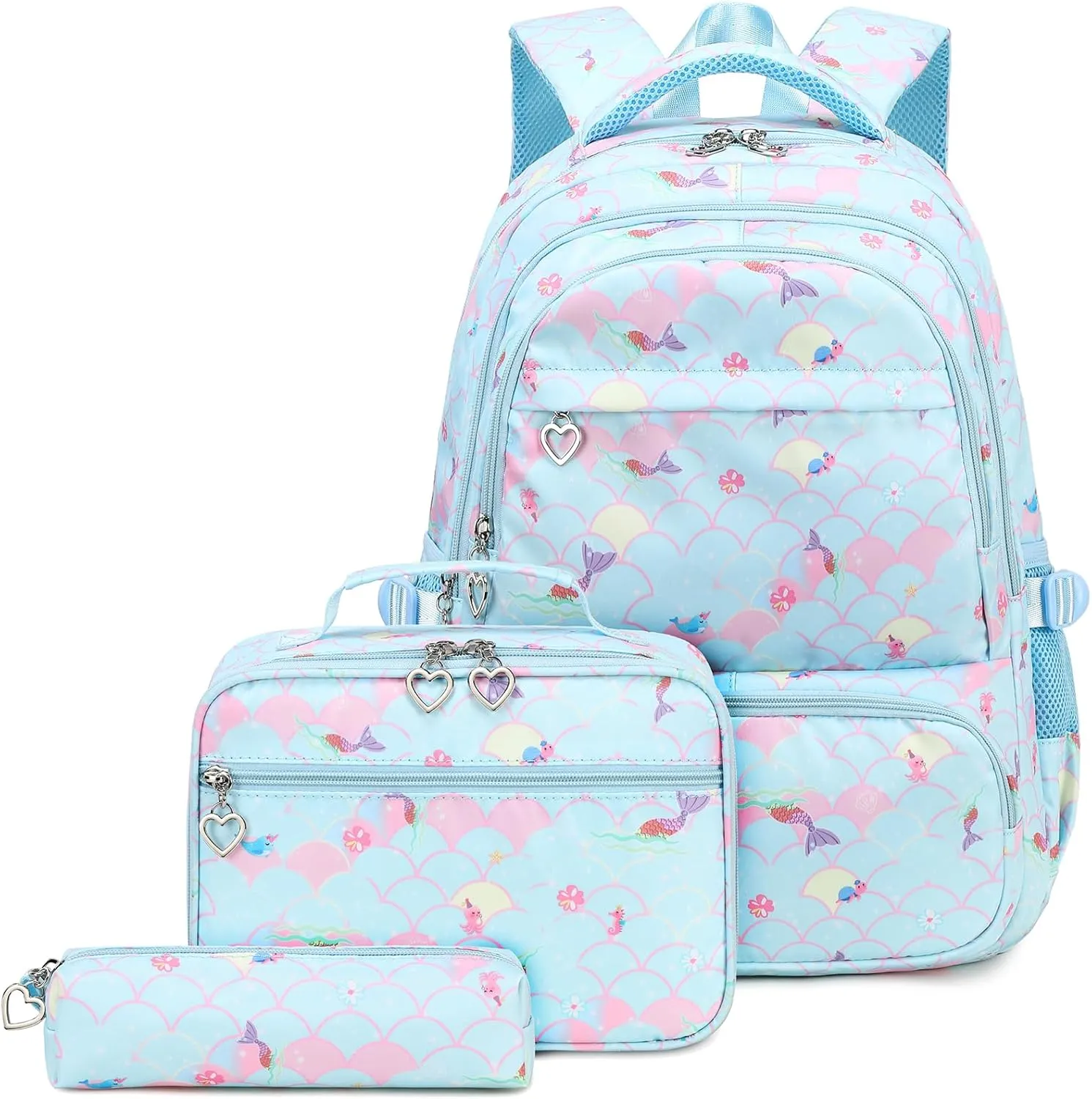 Joyfulife Mermaid Backpack for Girls Kids Backpack for School Lightweight Water Resistant Primary School Bags Elementary Bookbags with Lunch Box Set