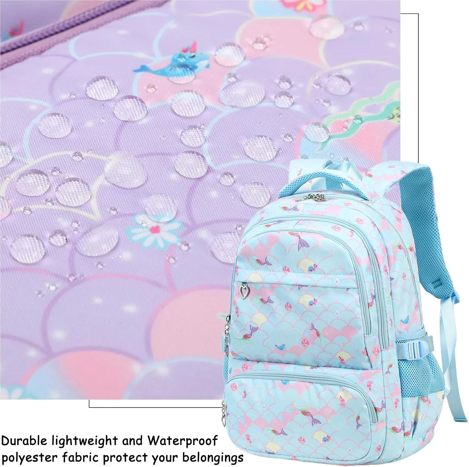 Joyfulife Mermaid Backpack for Girls Kids Backpack for School Lightweight Water Resistant Primary School Bags Elementary Bookbags with Lunch Box Set