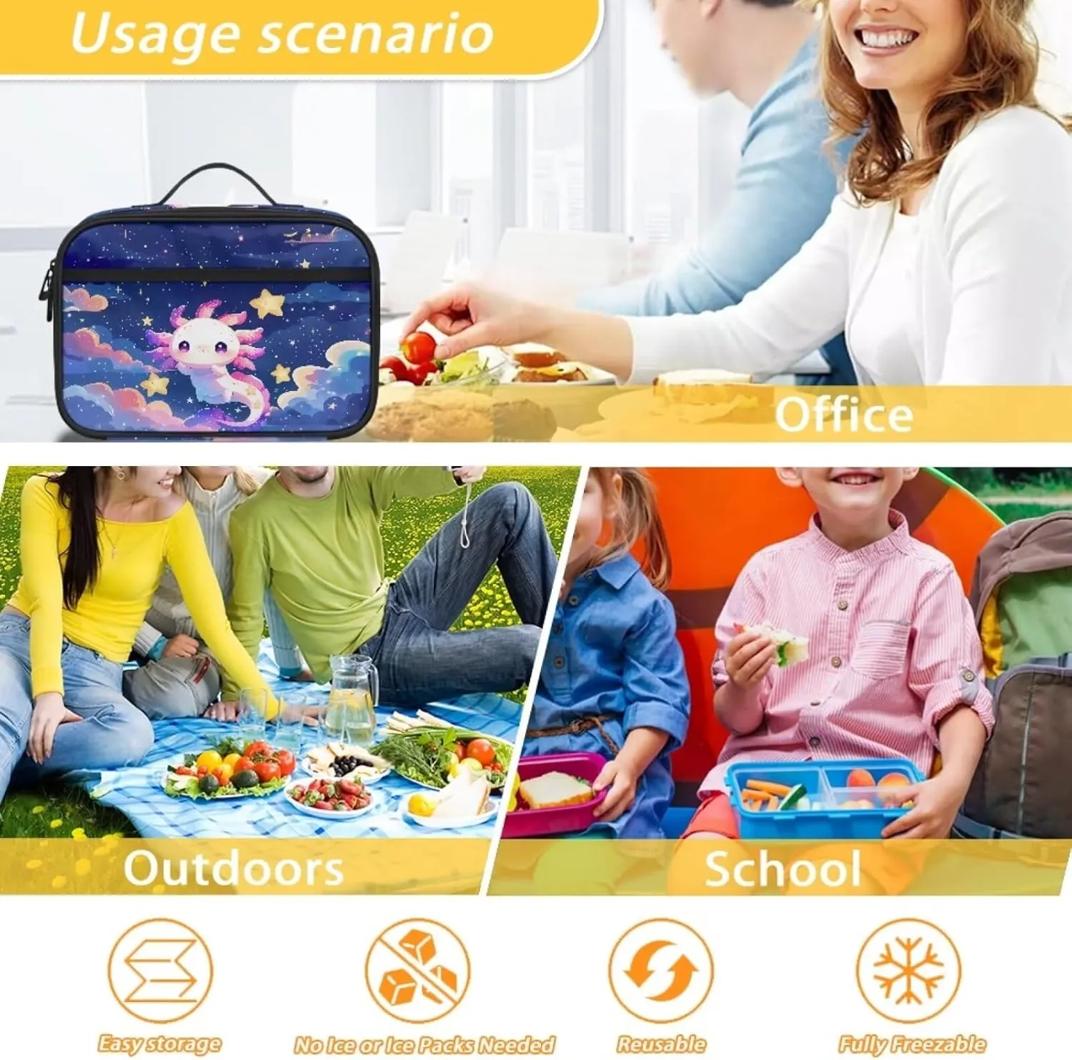 JoyLamoria Lunch Bag Large Capacity Food Container School Lunch Box Handbags Zipper Pouch with Handle, Axolotl Galaxy Print