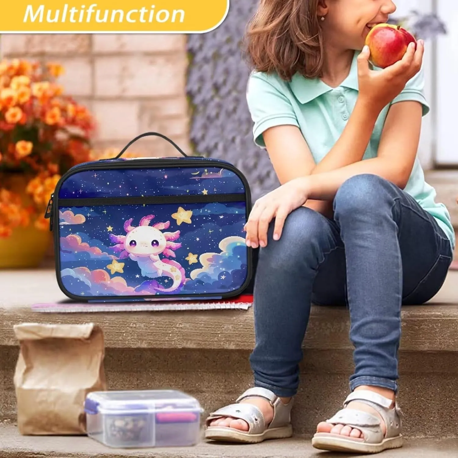 JoyLamoria Lunch Bag Large Capacity Food Container School Lunch Box Handbags Zipper Pouch with Handle, Axolotl Galaxy Print