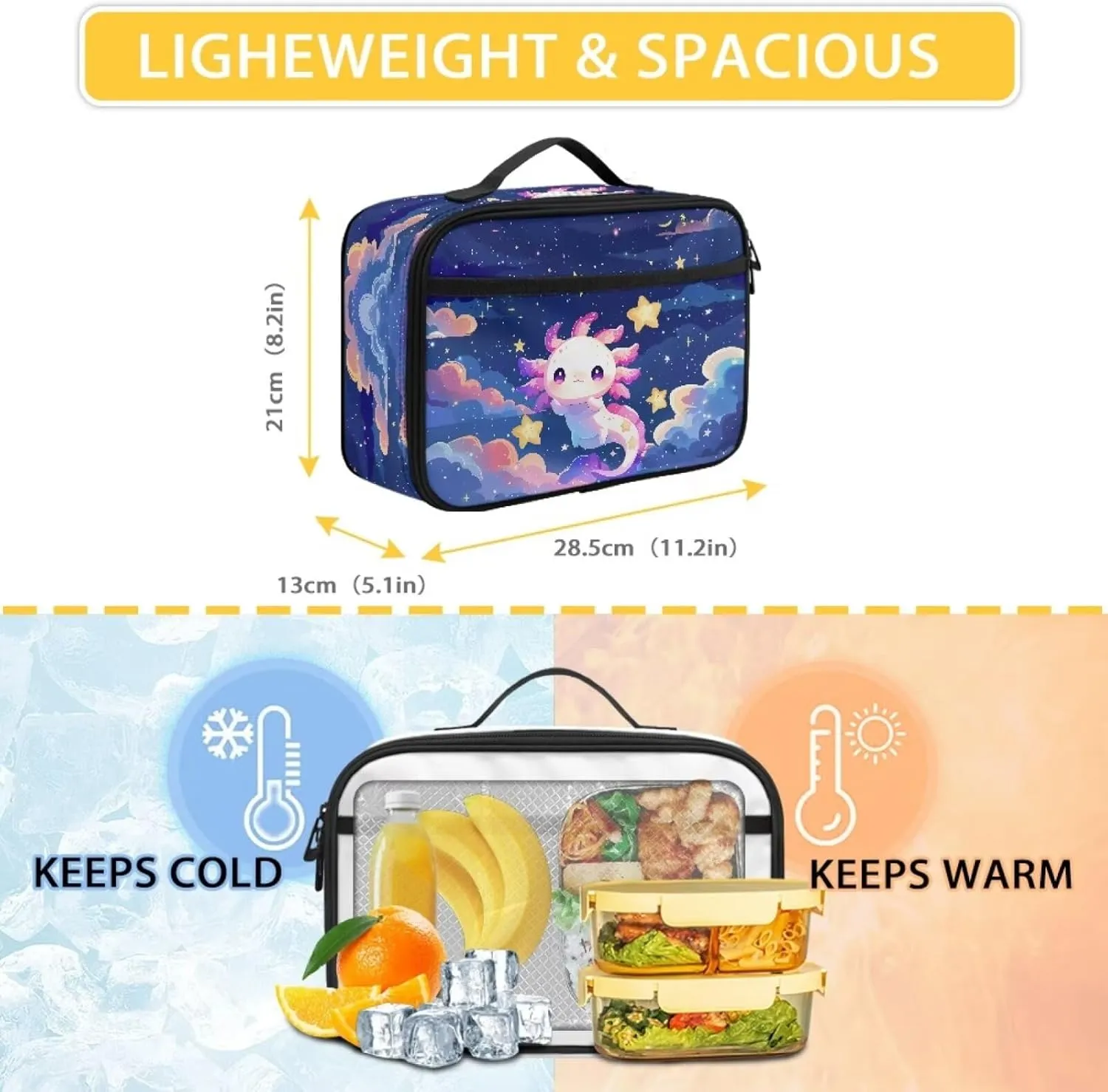 JoyLamoria Lunch Bag Large Capacity Food Container School Lunch Box Handbags Zipper Pouch with Handle, Axolotl Galaxy Print