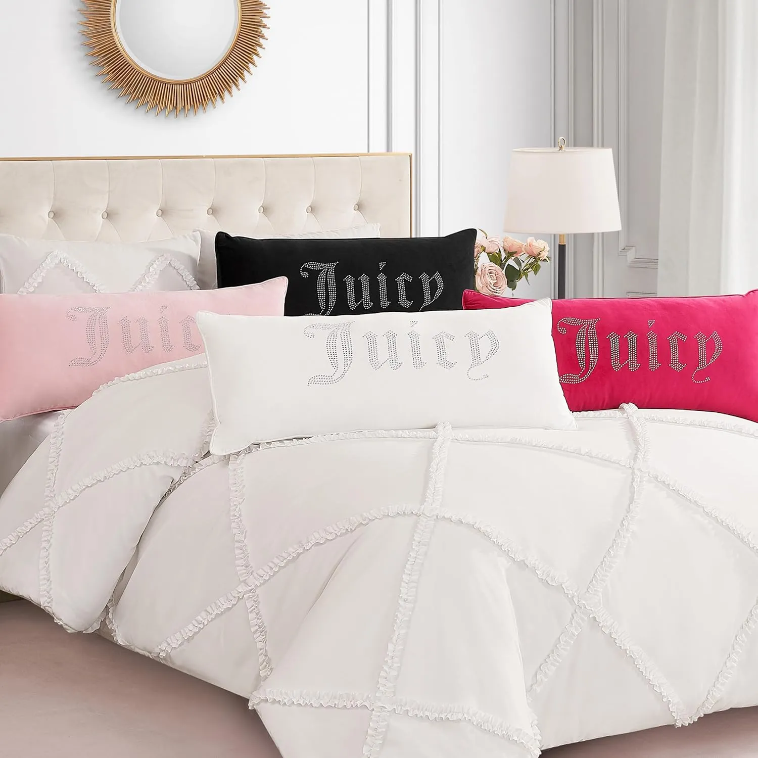 Juicy Couture Rectangle 1-Piece Decorative Accent, Premium Reversible Throw Pillow, Living Room and Bedroom Décor, 16"x36", Velvet Rhinestone Light Pink