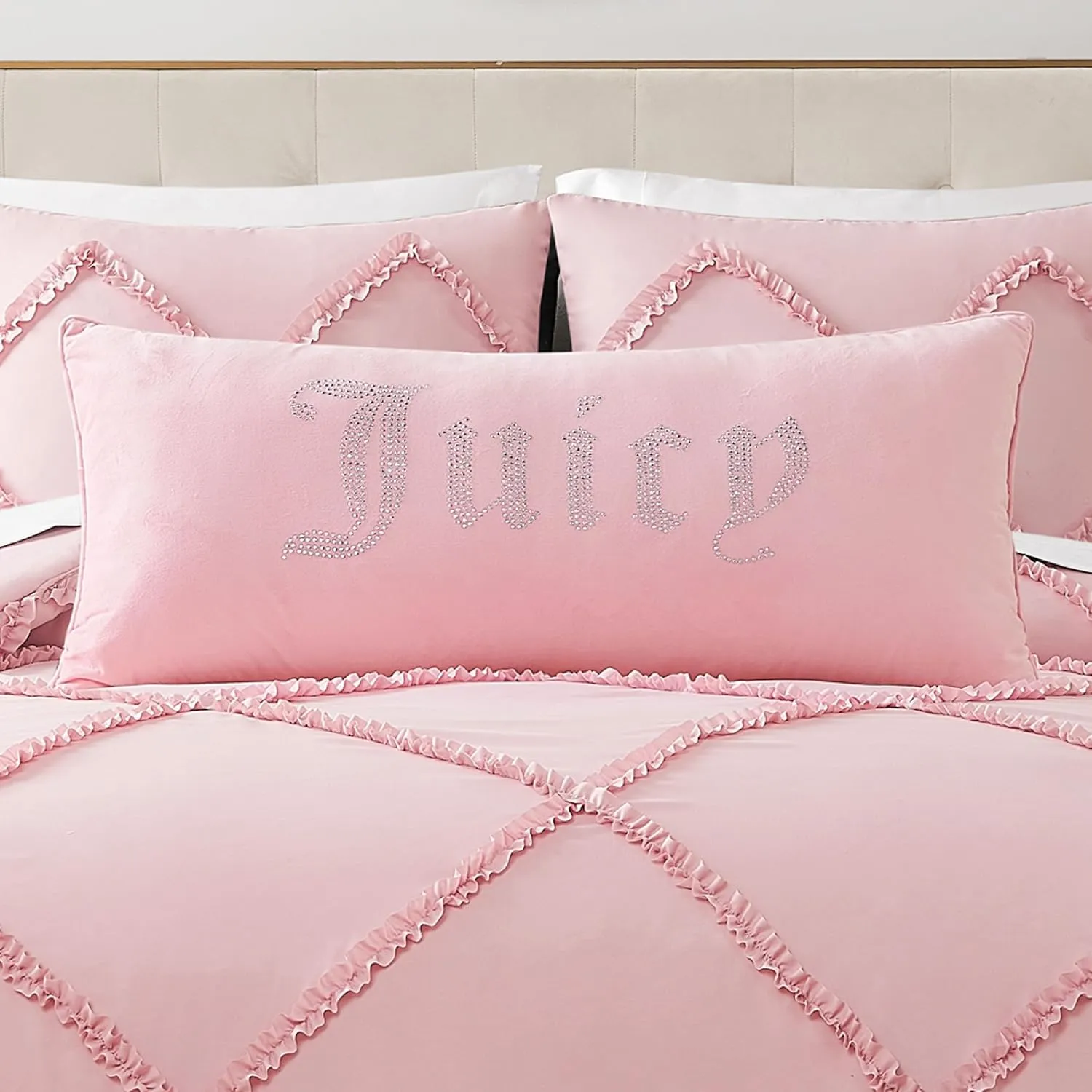 Juicy Couture Rectangle 1-Piece Decorative Accent, Premium Reversible Throw Pillow, Living Room and Bedroom Décor, 16"x36", Velvet Rhinestone Light Pink