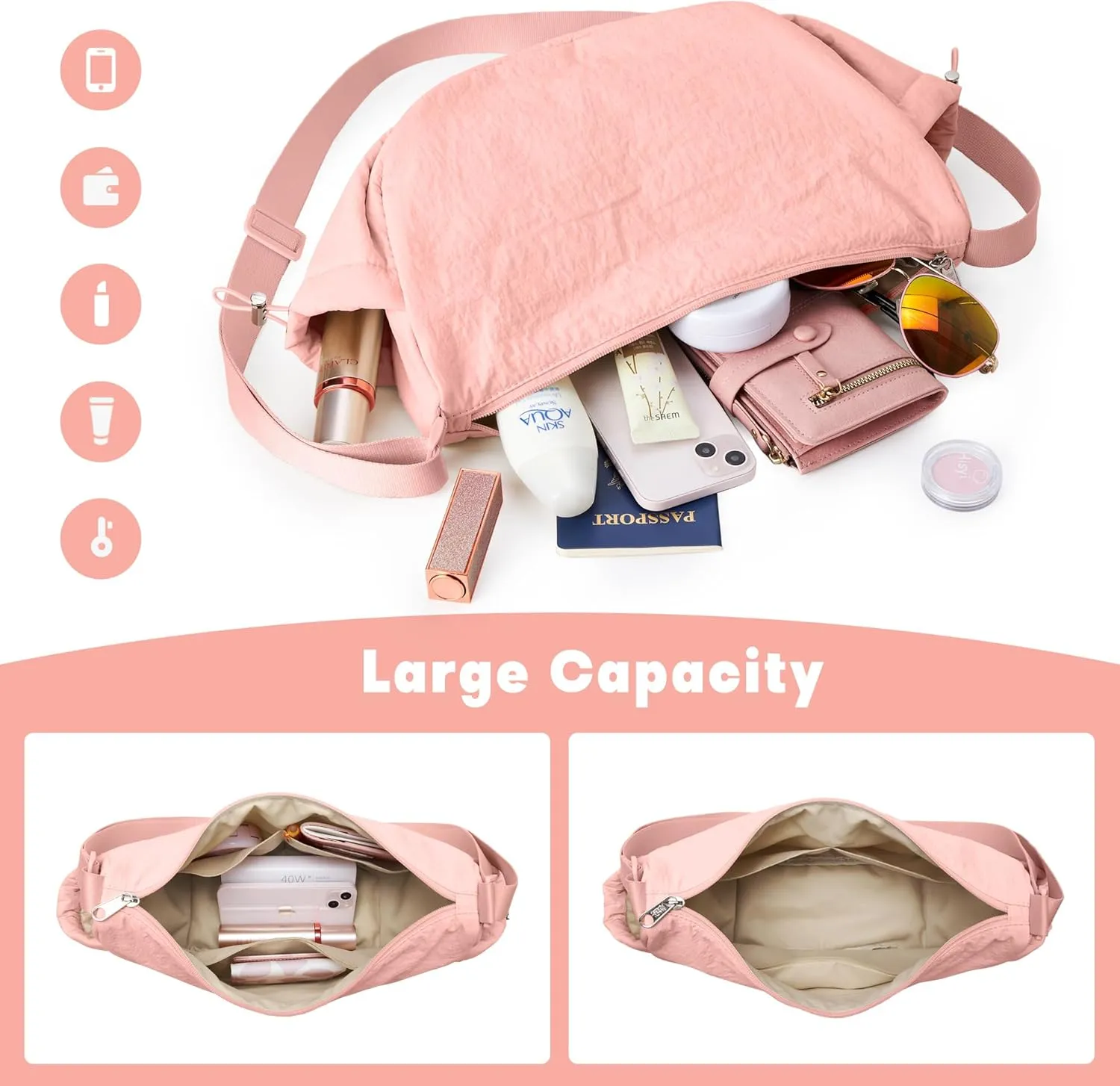 KALIDI Crossbody Purse Bag for Women Nylon Crescent Bag Men Dumpling Bag Lightweight Travel Sling Bag with Adjustable Strap