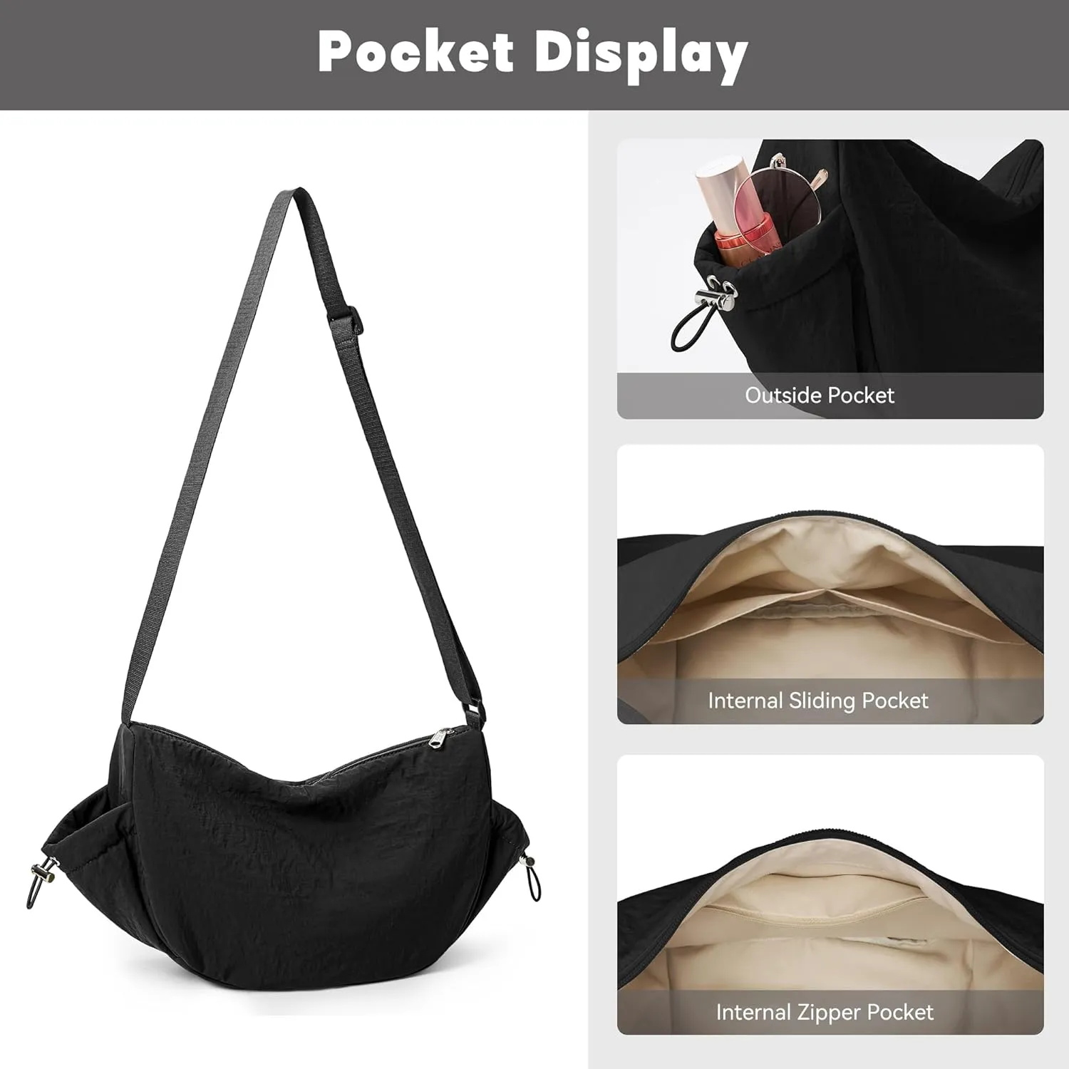KALIDI Crossbody Purse Bag for Women Nylon Crescent Bag Men Dumpling Bag Lightweight Travel Sling Bag with Adjustable Strap