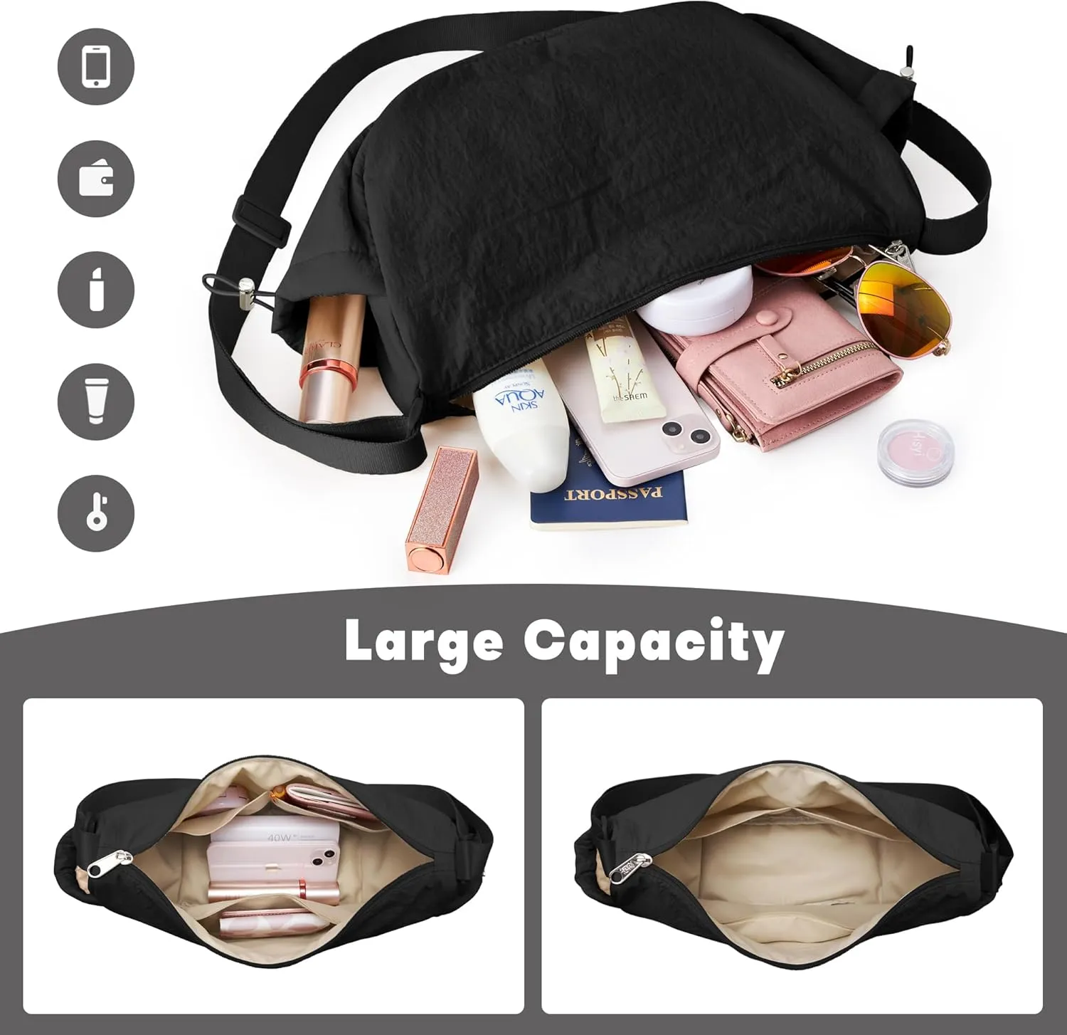 KALIDI Crossbody Purse Bag for Women Nylon Crescent Bag Men Dumpling Bag Lightweight Travel Sling Bag with Adjustable Strap