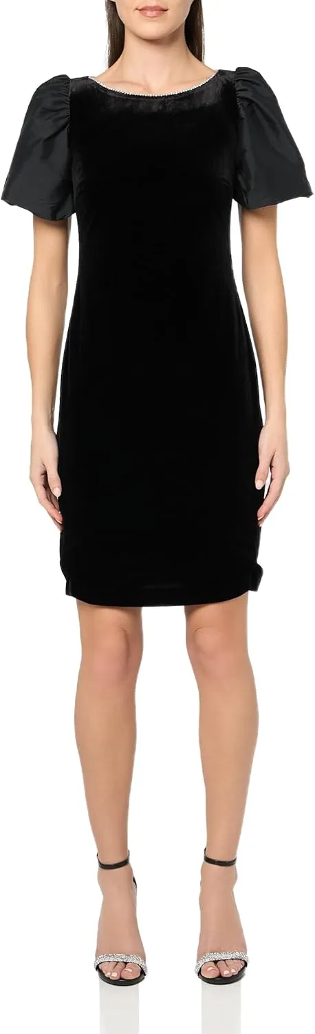 Karl Lagerfeld Paris Women's Round Neck Taffeta Puff Sleeve Stretch Velvet Body Sheath Dress