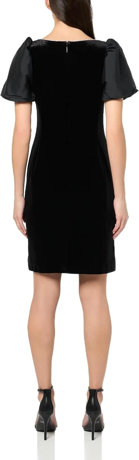 Karl Lagerfeld Paris Women's Round Neck Taffeta Puff Sleeve Stretch Velvet Body Sheath Dress