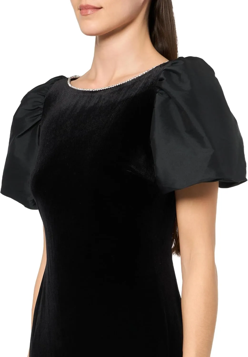 Karl Lagerfeld Paris Women's Round Neck Taffeta Puff Sleeve Stretch Velvet Body Sheath Dress