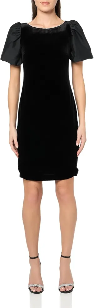 Karl Lagerfeld Paris Women's Round Neck Taffeta Puff Sleeve Stretch Velvet Body Sheath Dress