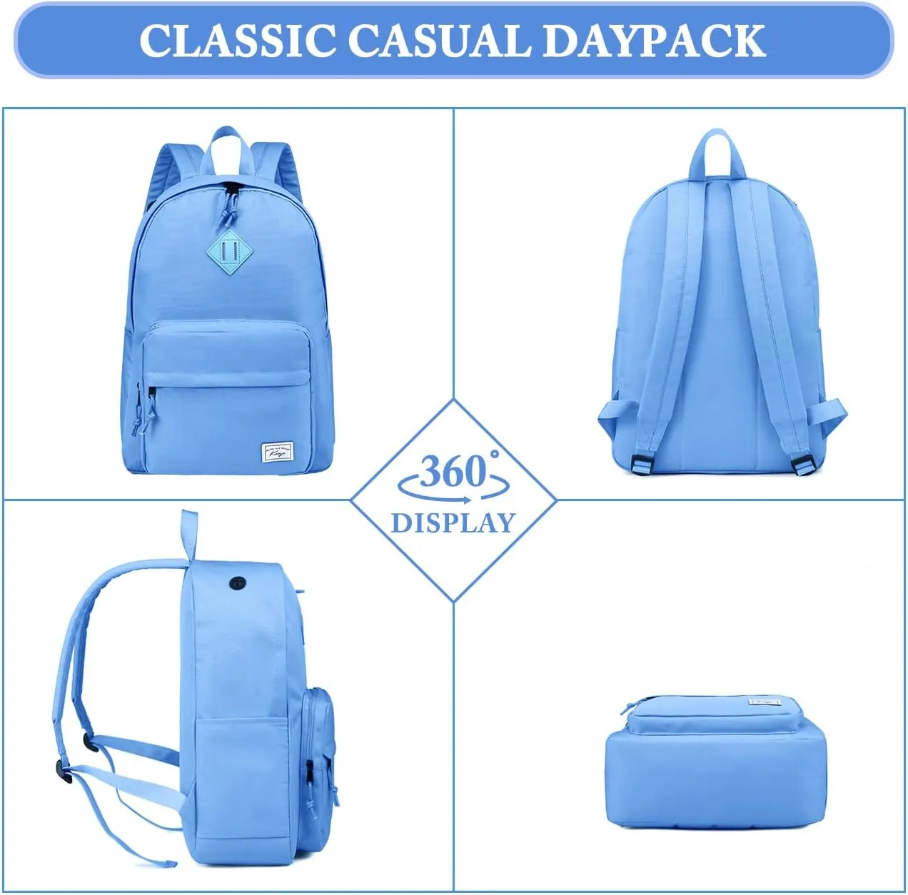 Kasqo School Backpack, 15.6 Inch Casual Lightweight Water-Resistant Backpack Bookbag Daypack for Teens Girls Boys Kids to School, College, Travel, Work, Lightblue