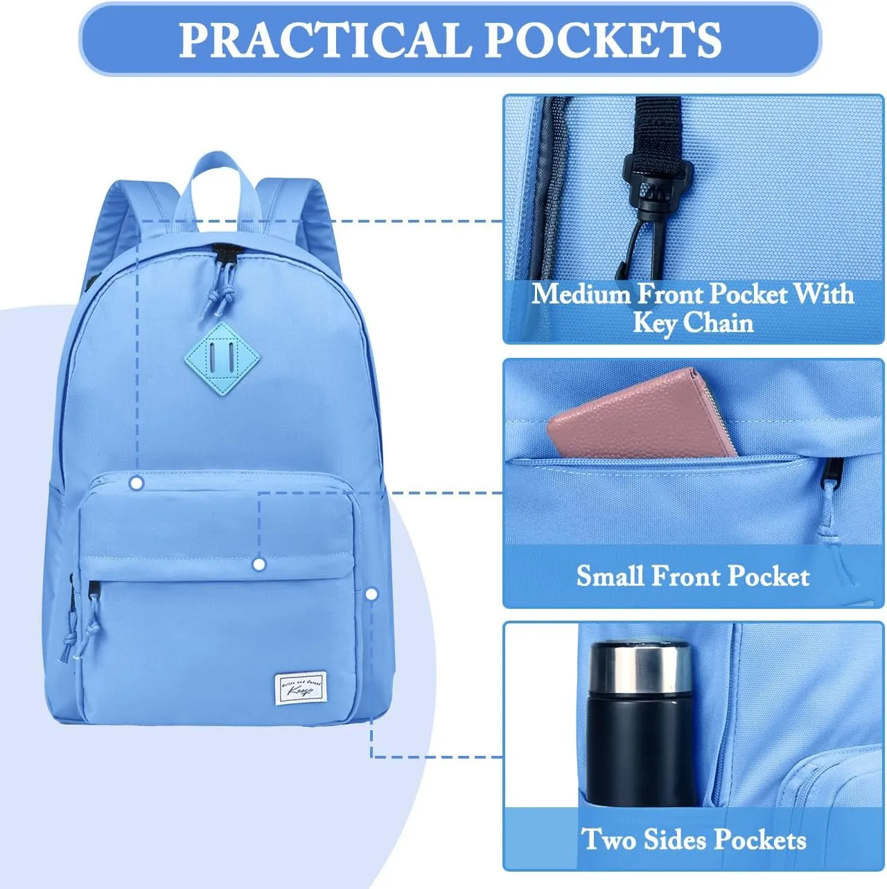 Kasqo School Backpack, 15.6 Inch Casual Lightweight Water-Resistant Backpack Bookbag Daypack for Teens Girls Boys Kids to School, College, Travel, Work, Lightblue