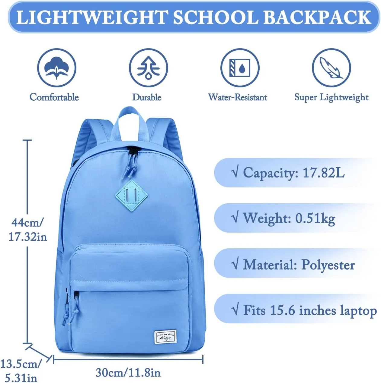 Kasqo School Backpack, 15.6 Inch Casual Lightweight Water-Resistant Backpack Bookbag Daypack for Teens Girls Boys Kids to School, College, Travel, Work, Lightblue