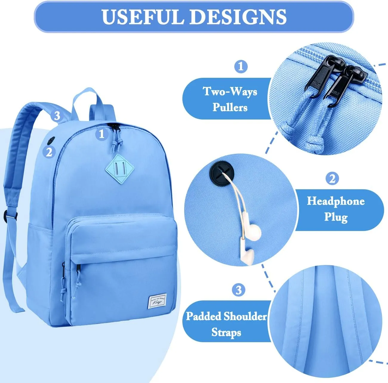 Kasqo School Backpack, 15.6 Inch Casual Lightweight Water-Resistant Backpack Bookbag Daypack for Teens Girls Boys Kids to School, College, Travel, Work, Lightblue