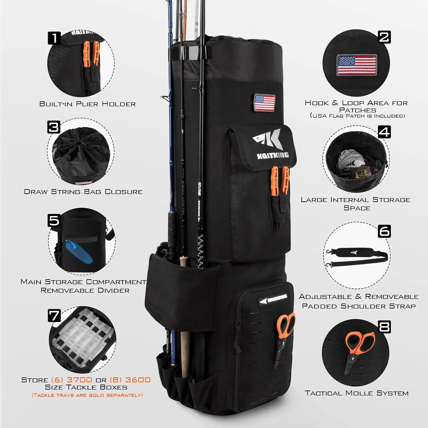 KastKing Karryall Fishing Rod Bag,81L Large Storage Water-resistant Rod Case Holds 6 Rods & Reels,Foldable Fishing Bag Accommodate Fishing Gear and Equipment,Fishing Gifts for Men,Black