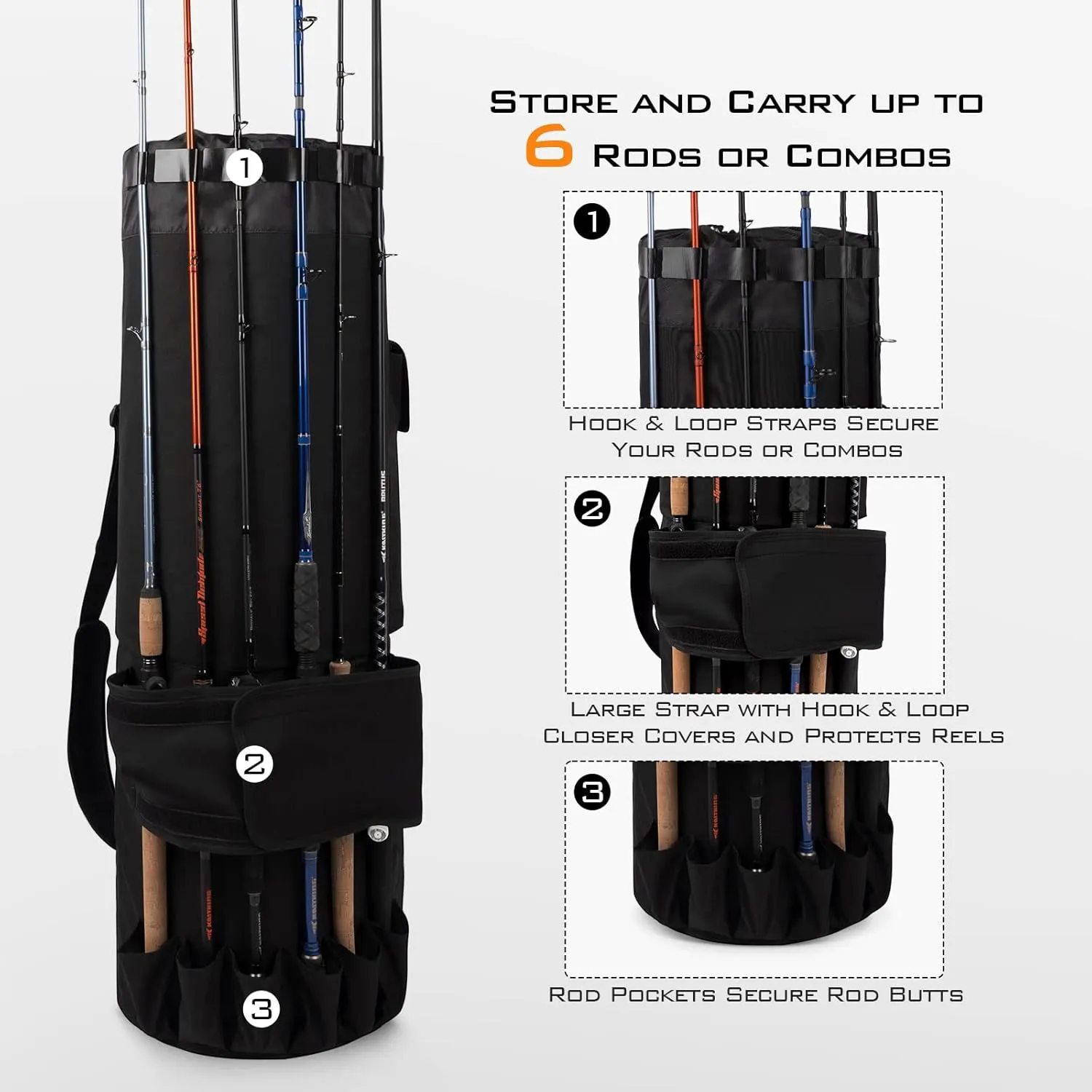 KastKing Karryall Fishing Rod Bag,81L Large Storage Water-resistant Rod Case Holds 6 Rods & Reels,Foldable Fishing Bag Accommodate Fishing Gear and Equipment,Fishing Gifts for Men,Black