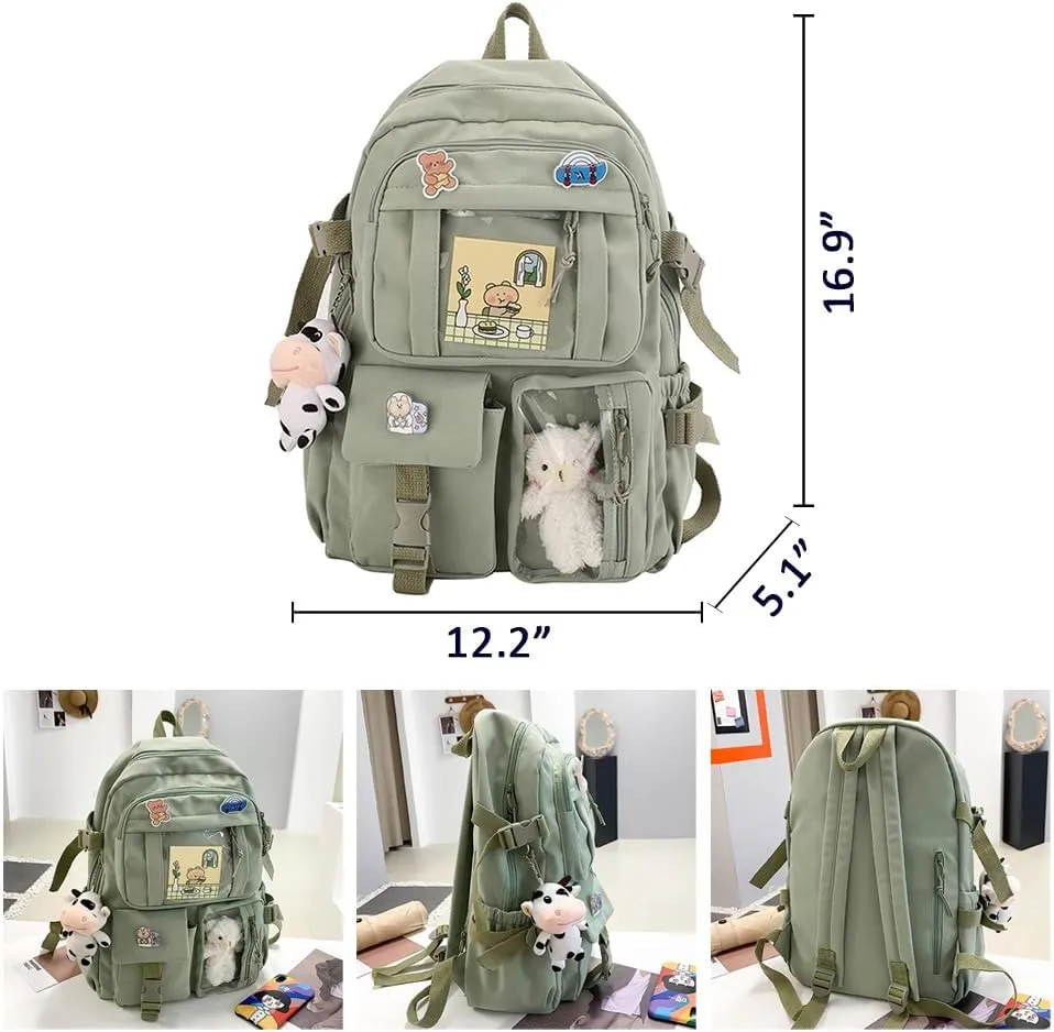 Kawaii Backpack Lovely Pastel Rucksack for Teen Girls, Cute Aesthetic Bookbag for School with Kawaii Pin and Accessories (Blue)