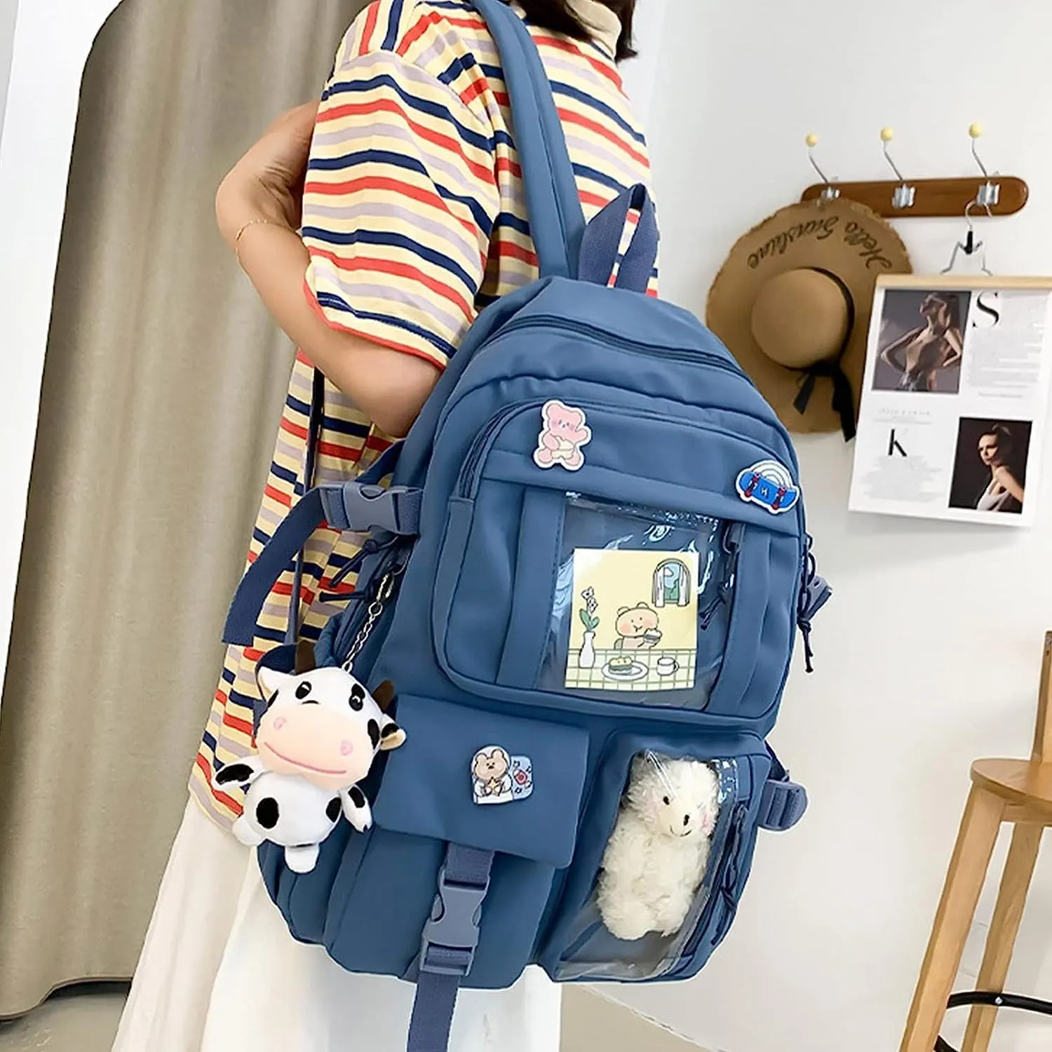 Kawaii Backpack Lovely Pastel Rucksack for Teen Girls, Cute Aesthetic Bookbag for School with Kawaii Pin and Accessories (Blue)