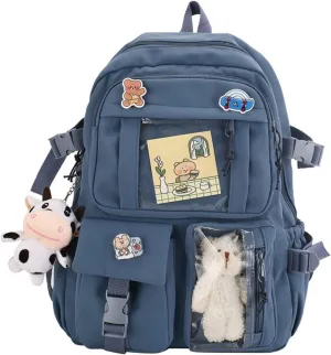Kawaii Backpack Lovely Pastel Rucksack for Teen Girls, Cute Aesthetic Bookbag for School with Kawaii Pin and Accessories (Blue)