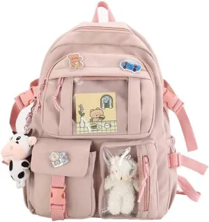 Kawaii Backpack Lovely Pastel Rucksack for Teen Girls, Cute Aesthetic Bookbag for School with Kawaii Pin and Accessories (Pink)