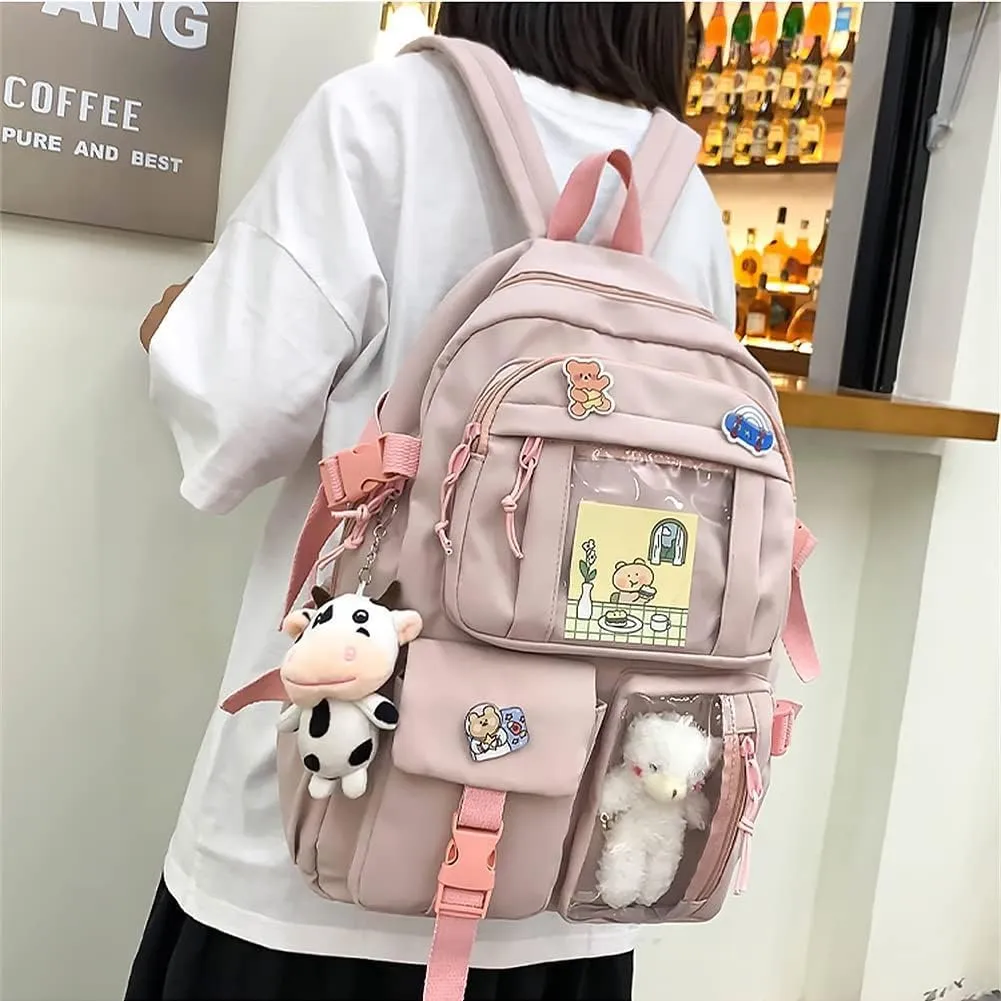 Kawaii Backpack Lovely Pastel Rucksack for Teen Girls, Cute Aesthetic Bookbag for School with Kawaii Pin and Accessories (Pink)