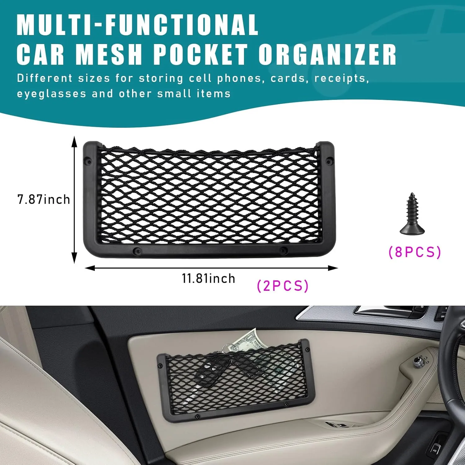 Kewucn 2 PCS Car Storage Net Bag, ABS Plastic Frame Auto Mesh Net Holder with Secure Screws, Universal Vehicle Seatback Net Pocket Organizer Acessories for Automotive RV Home (Medium)