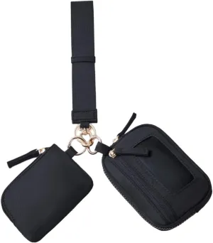 Keychain Wristlet Wallet Double Pouch Nylon Bag Portable with Zipper Purse Small Wallet with Keyring for Dating Shopping Travel, Black
