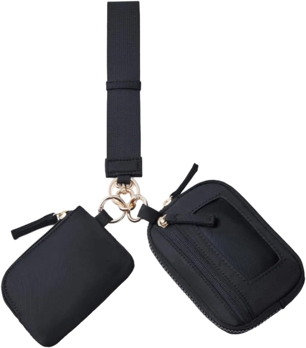 Keychain Wristlet Wallet Double Pouch Nylon Bag Portable with Zipper Purse Small Wallet with Keyring for Dating Shopping Travel, Black