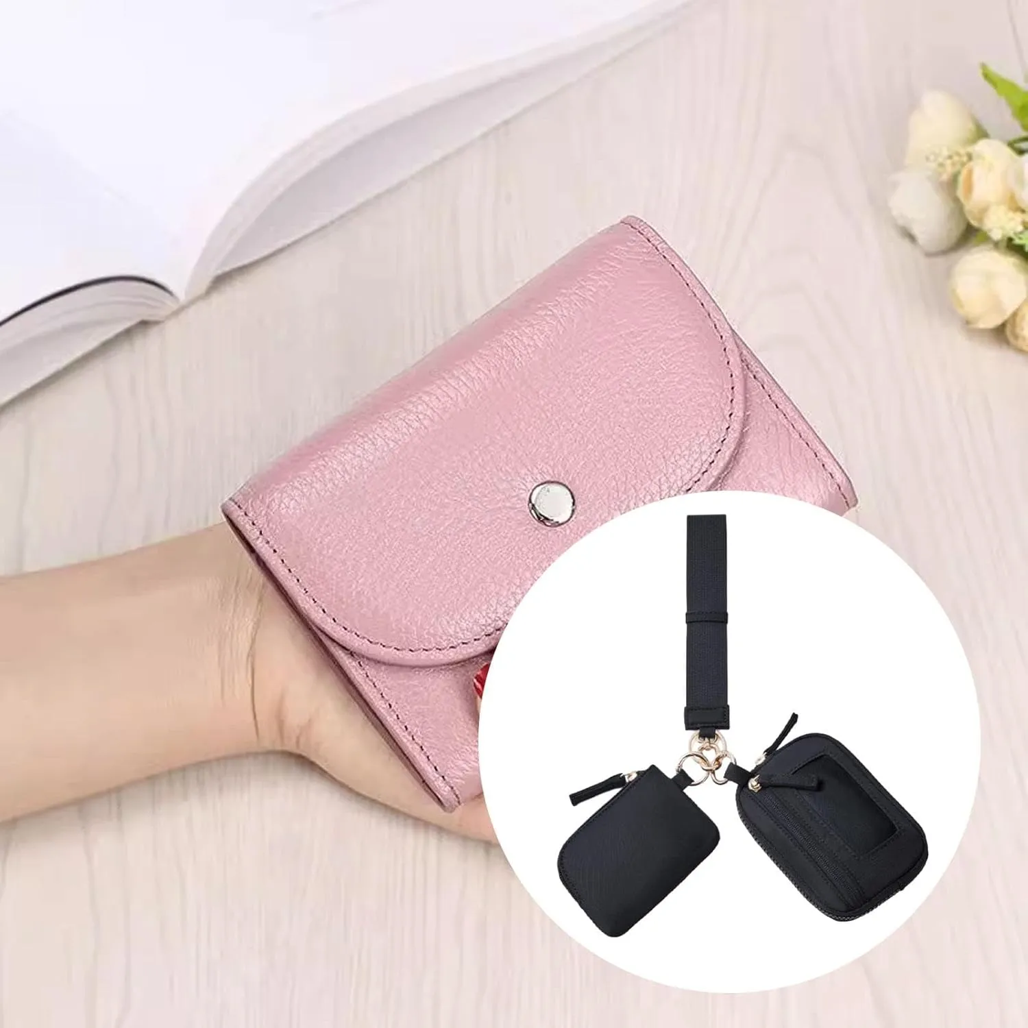 Keychain Wristlet Wallet Double Pouch Nylon Bag Portable with Zipper Purse Small Wallet with Keyring for Dating Shopping Travel, Black